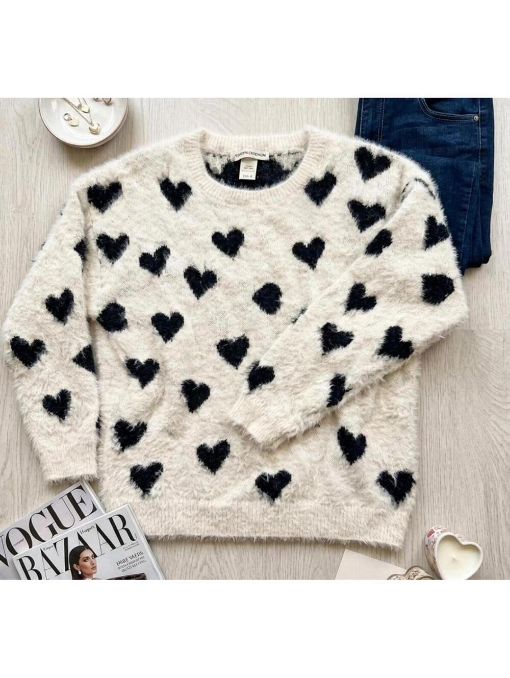 Cotton Emporium Fuzzy Heart Sweater Cream Black Eyelash Knit Soft Cozy Large NWT